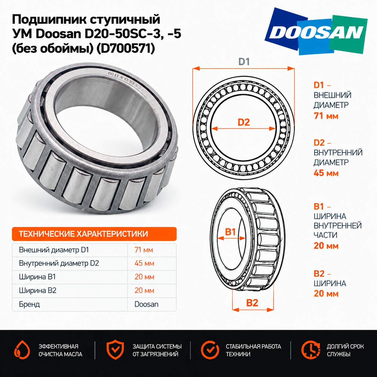 Подшипник ступичный УМ Doosan D20-50SC-3, -5 (без обоймы)