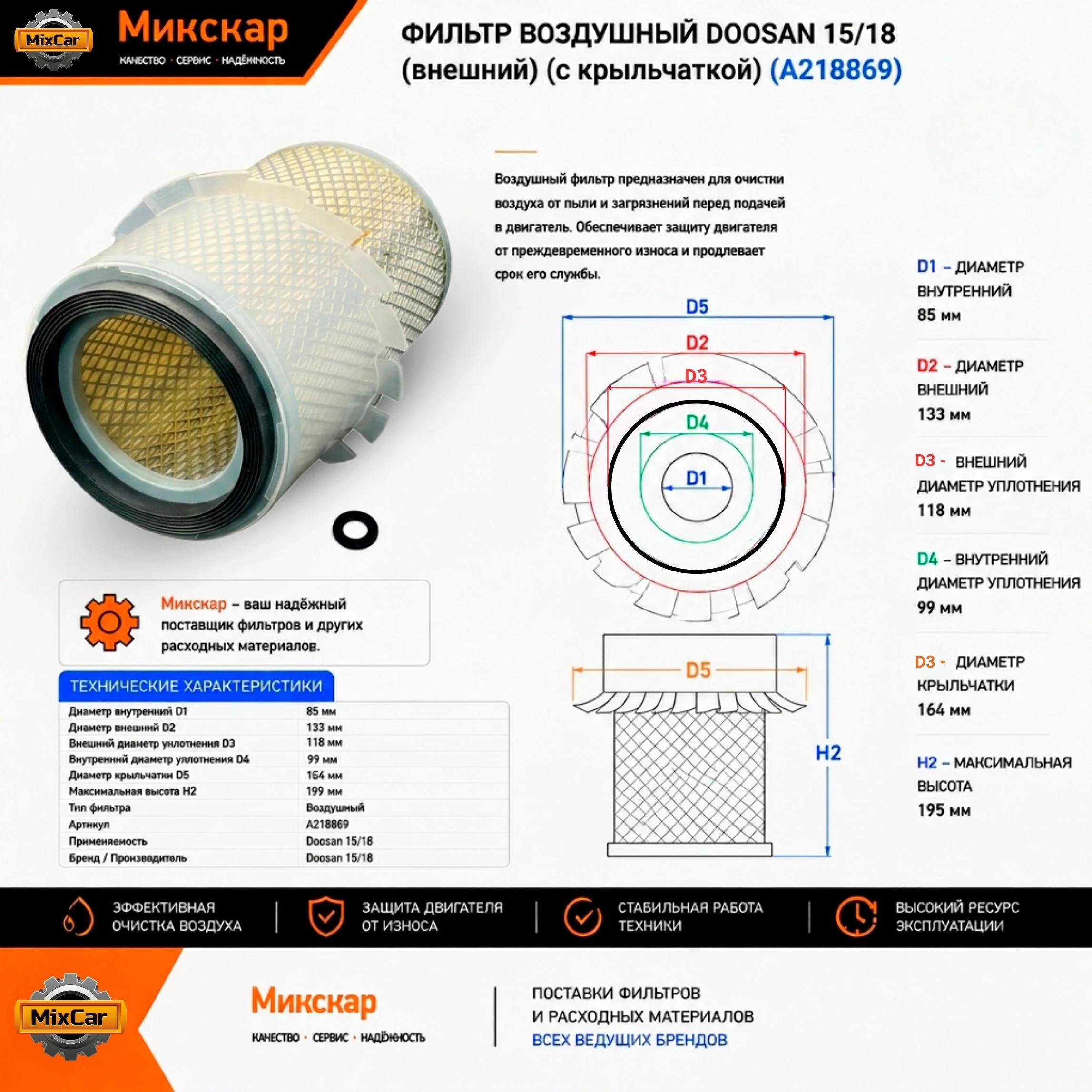 Фильтр воздушный Doosan 15 / 18 (внешний) (с крыльчаткой) (A383526) [ЦБ-99160931]