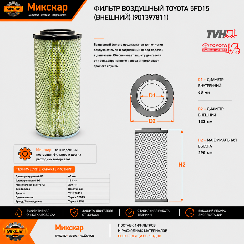 Фильтр воздушный Toyota 5FD15/Hyster H2.5XM/Bobcat S175/753 (внешний)