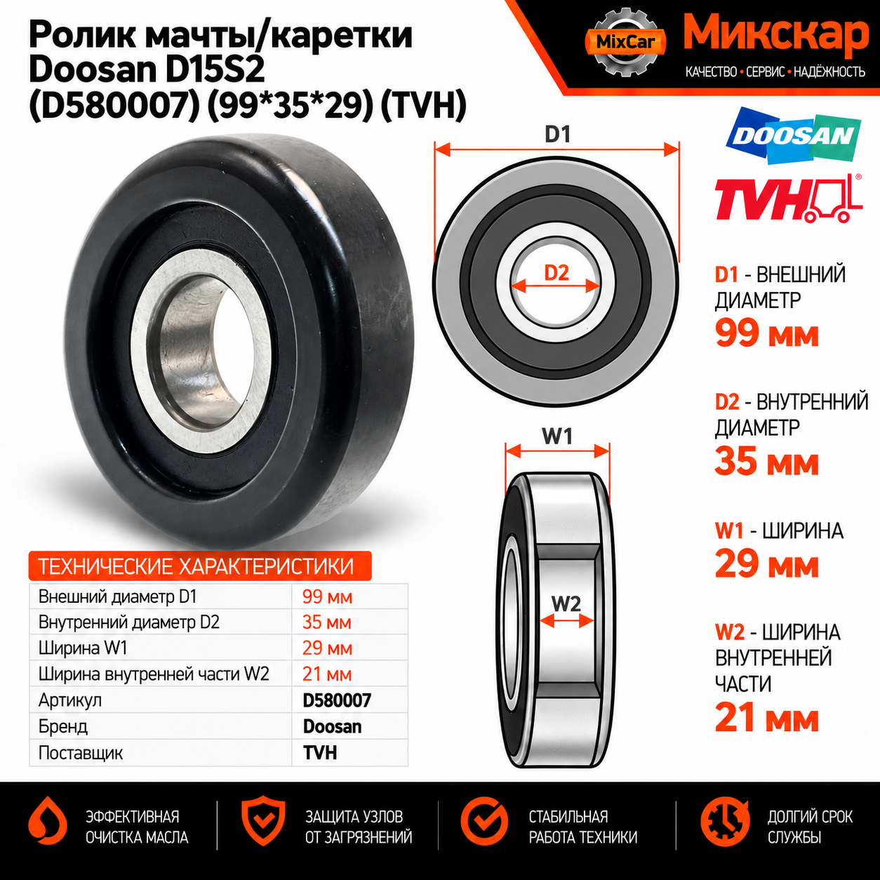 Ролик мачты / каретки Doosan D15S2 (D580007) (99*35*29) (D580007) [ЦБ-99163727]