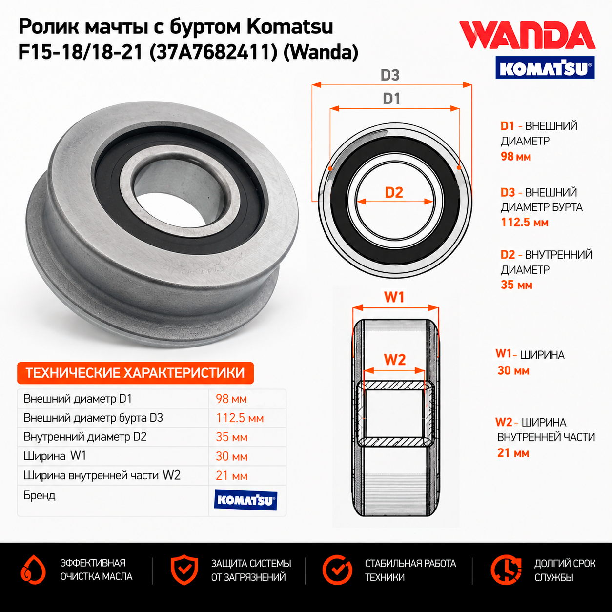 Ролик мачты с буртом Komatsu F15-18 / 18-21 (37A-76-82411) (37A7682431) [ЦБ-99168612]