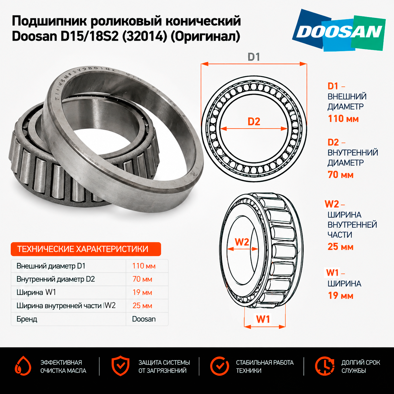 Подшипник роликовый конический Doosan D15 / 18S2 (32014) (Оригинал)