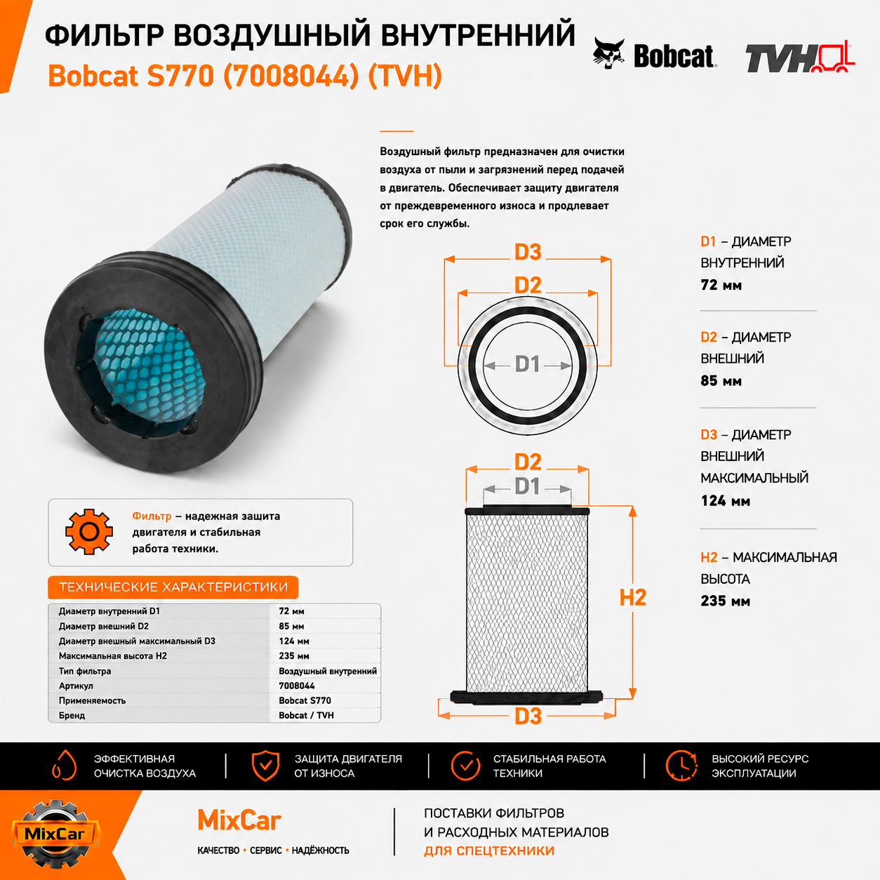 Фильтр воздушный внутренний Bobcat S770 (7008044) (TVH)