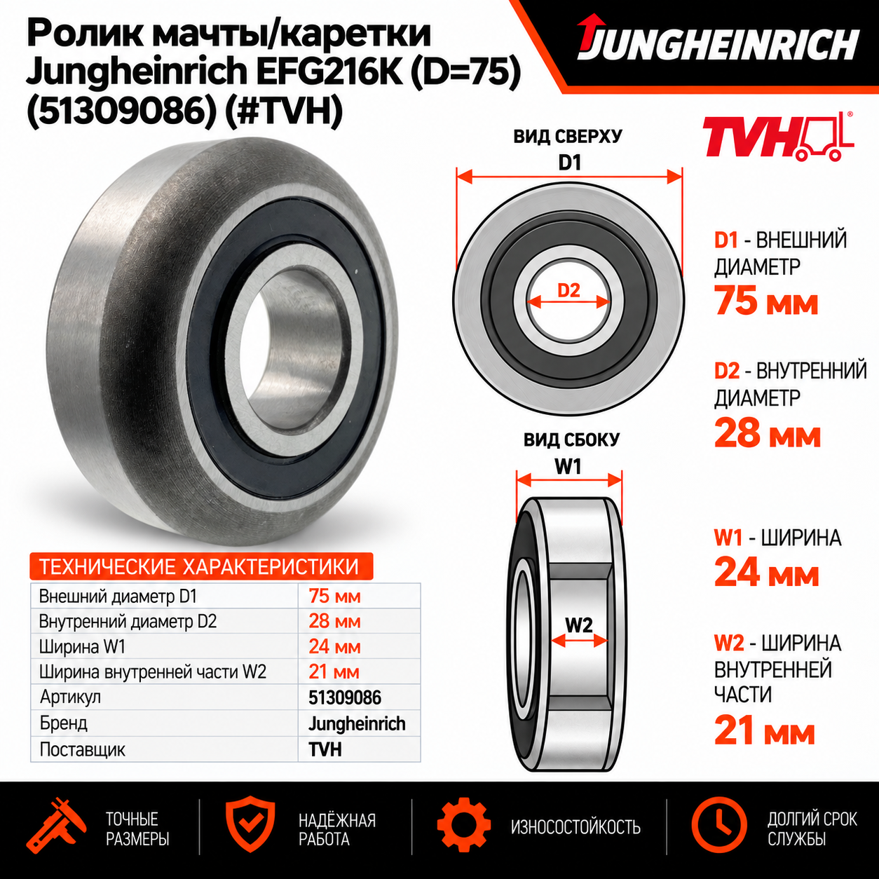 Ролик мачты / каретки Jungheinrich EFG216K (D=75) (51309086)