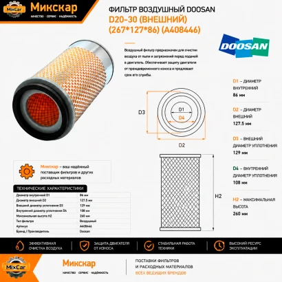Фильтр воздушный Doosan D20-30 (внешний) (267*127*86) (A408446) [ЦБ-99046199]